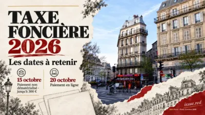Collage des échéances de la taxe foncière avec photographie d'archive d'un immeuble de Paris
