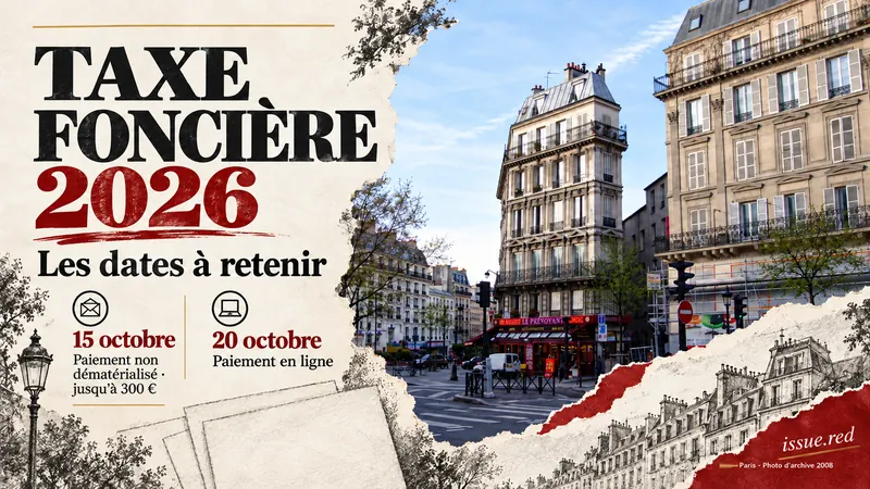 Collage des échéances de la taxe foncière avec photographie d'archive d'un immeuble de Paris