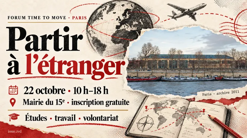 Collage avec une photographie d’archive de Paris et des dessins de globe, carnet et avion ; forum du 22 octobre de 10 h à 18 h à la mairie du 15e.
