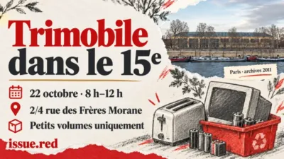 Collage éditorial avec une photographie ancienne de Paris et des dessins de petits objets à trier.
