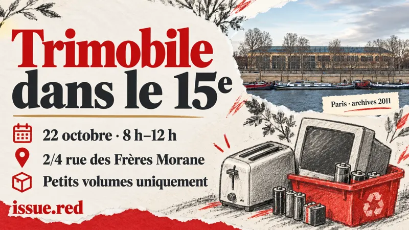 Collage éditorial avec une photographie ancienne de Paris et des dessins de petits objets à trier.