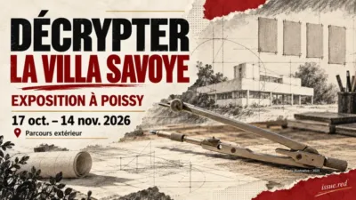 Collage éditorial sur l’exposition de Poissy, avec photo d’un compas de dessin et croquis architecturaux illustratifs.