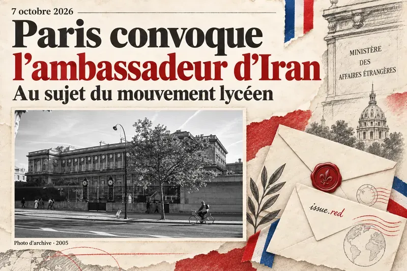 Collage sur papier crème : photo d’archive du Quai d’Orsay en 2005, enveloppes dessinées et titre sur la convocation de l’ambassadeur d’Iran