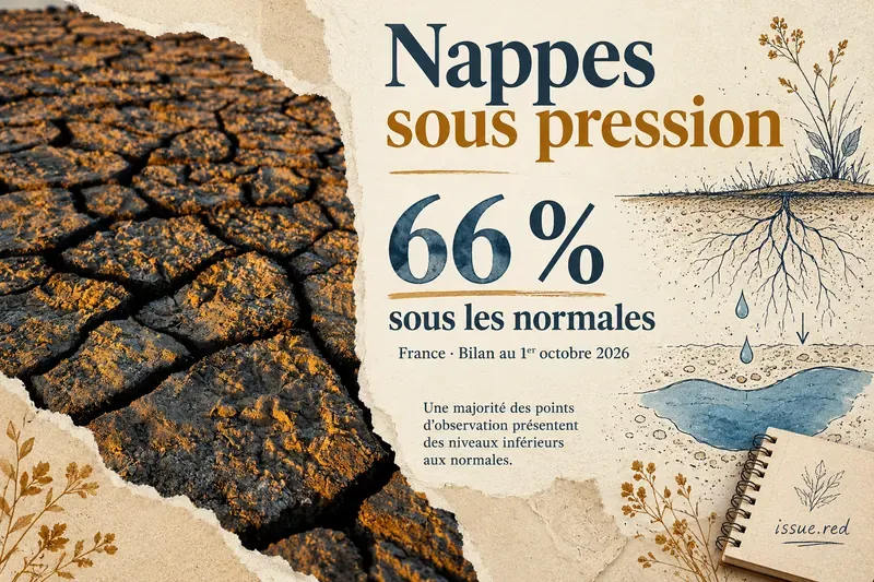 Collage sur papier crème : photographie illustrative de sol craquelé, dessin schématique d’une nappe et mention de 66 % des points sous les normales en France au 1er octobre 2026