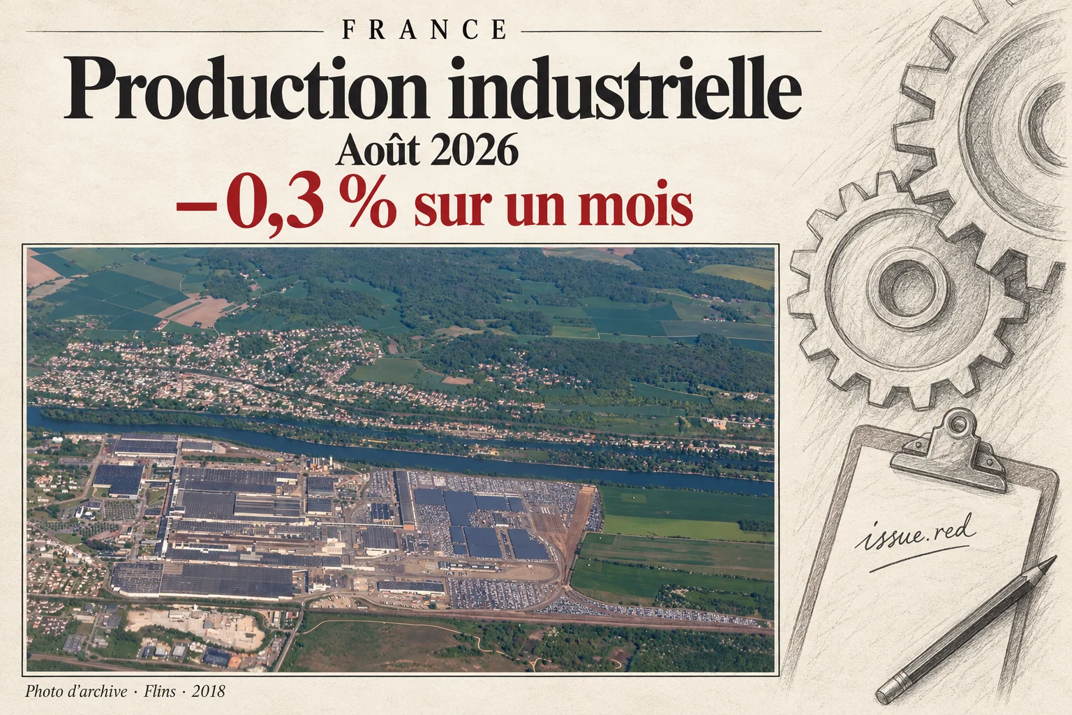 Collage crème avec une vue d’archive de l’usine de Flins et la baisse industrielle de 0,3 % en août 2026
