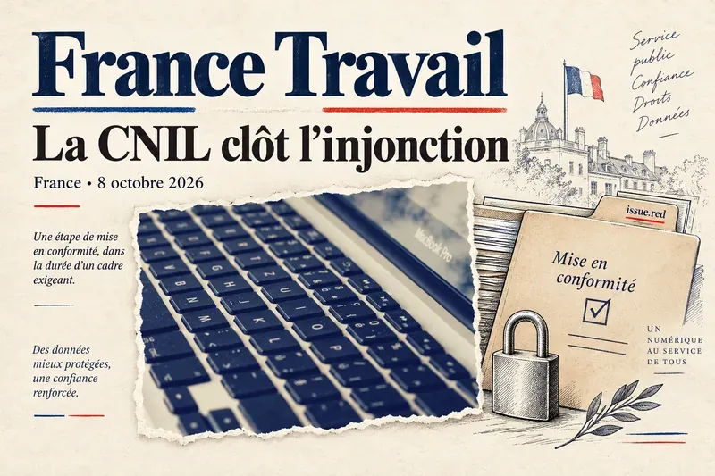 Collage sur papier crème avec une photographie illustrative ancienne de clavier et des dessins de dossier de conformité et de cadenas