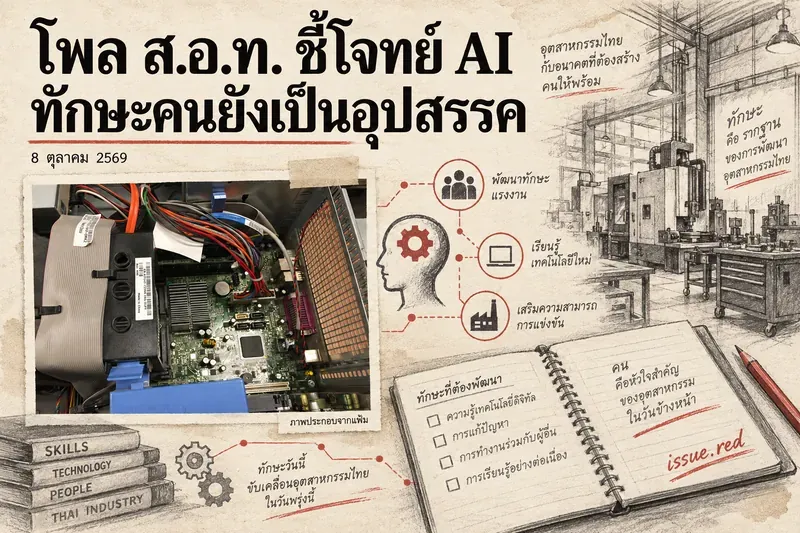 คอลลาจกระดาษครีม ภาพเมนบอร์ดคอมพิวเตอร์จากแฟ้ม ผสมลายวาดโรงงาน สมุดฝึกทักษะ และพาดหัวโพล AI