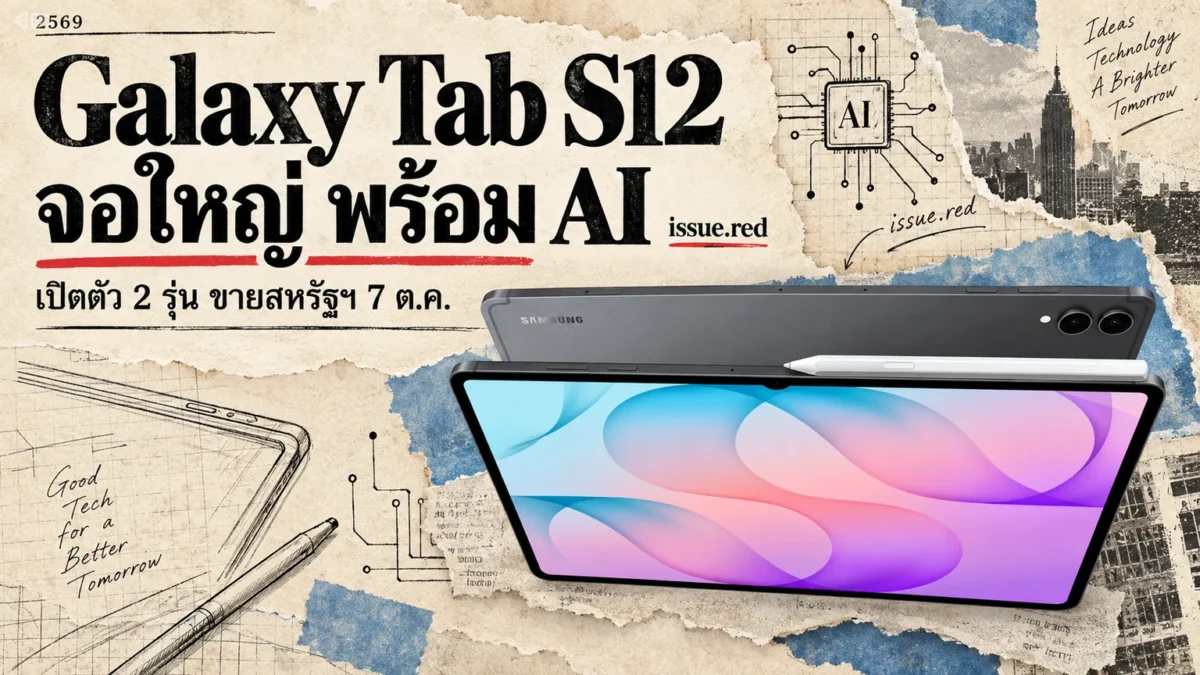 คอลลาจกระดาษครีมผสมภาพผลิตภัณฑ์ Galaxy Tab S12 และลายวาด มี issue.red สองจุด