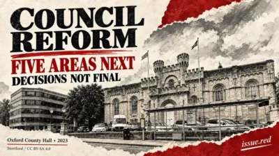 Editorial collage incorporating an archival photograph of Oxford County Hall