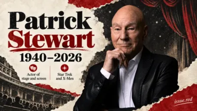 Photo collage of Patrick Stewart with theatre drawings and dates1940–2026