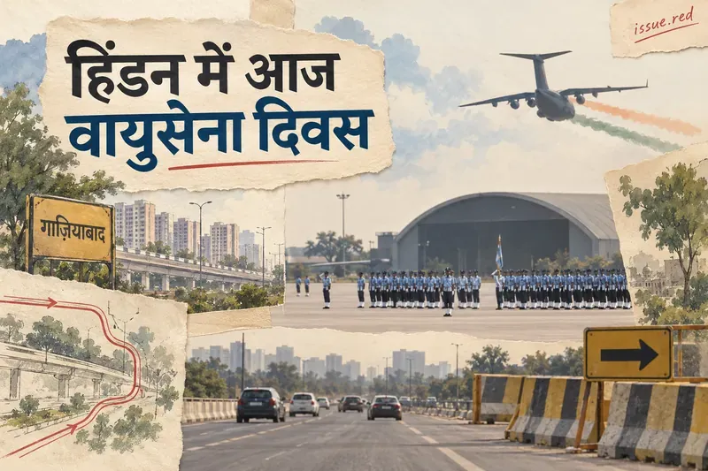 क्रीम कागज की कोलाज शैली में हिंडन एयरबेस की परेड, विमान की दूर की रूपरेखा और गाजियाबाद में मार्ग-संकेत; एआई से बना सांकेतिक चित्र