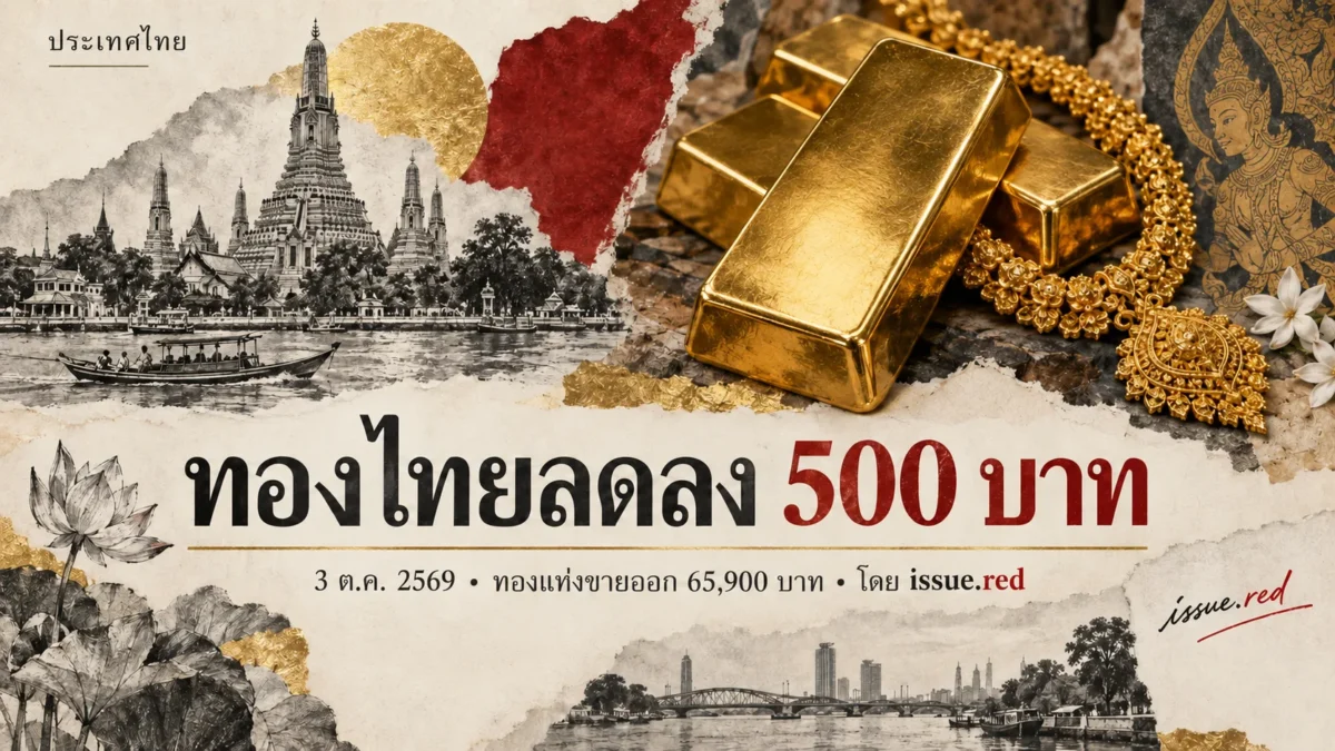 ภาพคอลลาจทองคำแท่งและสร้อยทองผสมลายเส้น ระบุราคาทองวันที่ 3 ตุลาคม 2569 พร้อมลายเซ็น issue.red