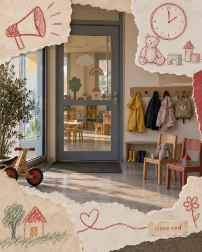 Collage sur papier crème montrant l’entrée générique d’une crèche, un porte-manteau d’enfant et des dessins au crayon rouge.