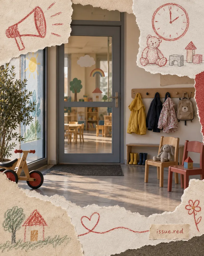 Collage sur papier crème montrant l’entrée générique d’une crèche, un porte-manteau d’enfant et des dessins au crayon rouge.