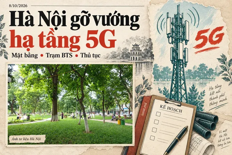 Bìa ghép giấy màu kem với ảnh tư liệu công viên bên hồ Hoàn Kiếm, hình vẽ trạm BTS và hồ sơ kế hoạch về hạ tầng 5G Hà Nội