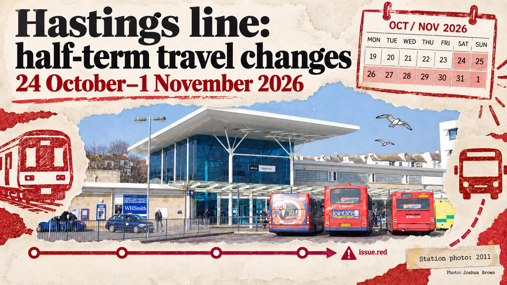 Cream paper collage of Hastings station with drawings illustrating half-term travel changes