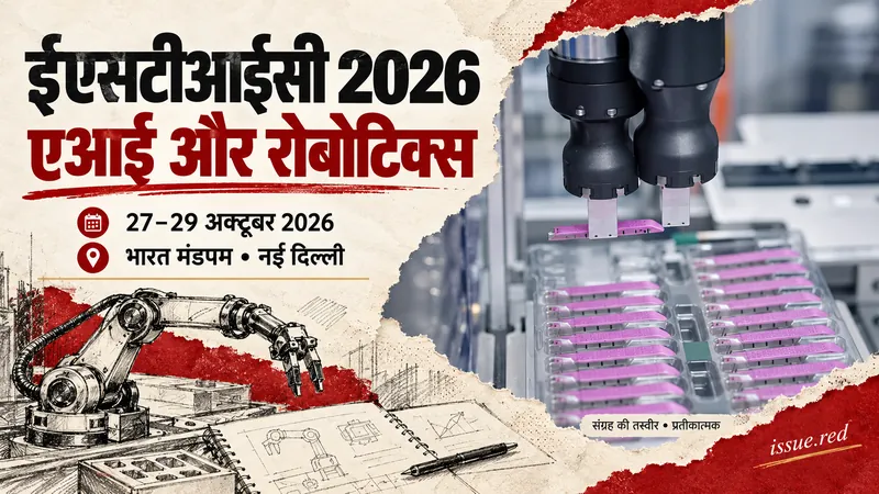 ESTIC 2026 की जानकारी वाला संपादकीय कोलाज, जिसमें संग्रह की विनिर्माण रोबोट की तस्वीर और प्रतीकात्मक रेखाचित्र हैं।