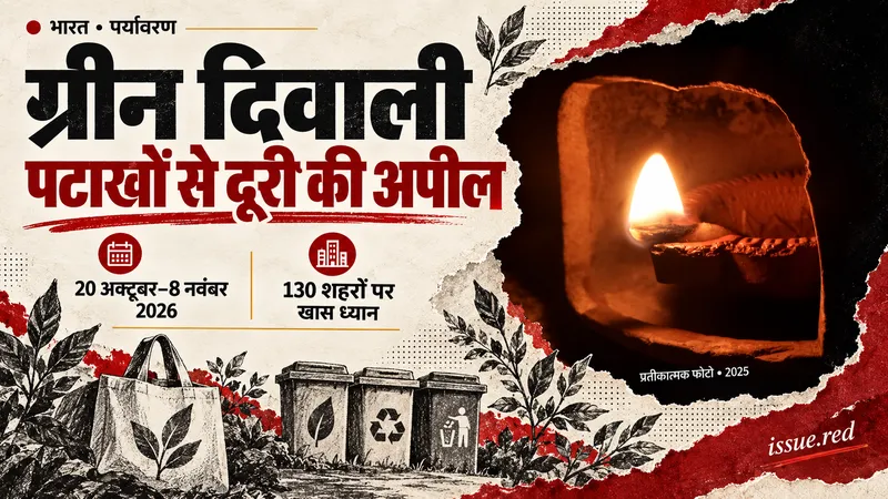 पुराने दीये की वास्तविक तस्वीर और पत्तियों तथा कचरा पृथक्करण के रेखाचित्रों वाला संपादकीय कोलाज