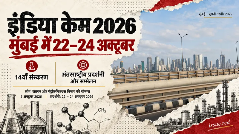 इंडिया केम 2026 की तिथियों का कोलाज, मुंबई की पुरानी तस्वीर के साथ