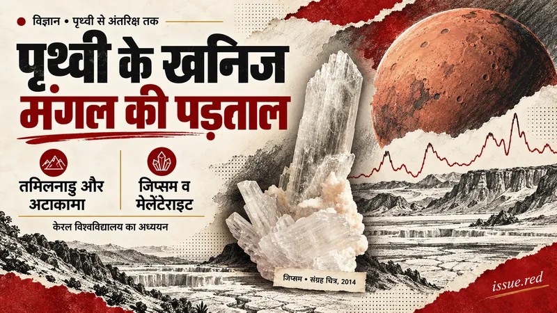 तमिलनाडु के खनिज शोध का संपादकीय कोलाज, संग्रह की जिप्सम तस्वीर और भूवैज्ञानिक रेखाचित्र।