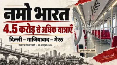 नमो भारत की 4.5 करोड़ से अधिक यात्राओं पर संपादकीय कोलाज, 2024 की आंतरिक रेल तस्वीर के साथ।