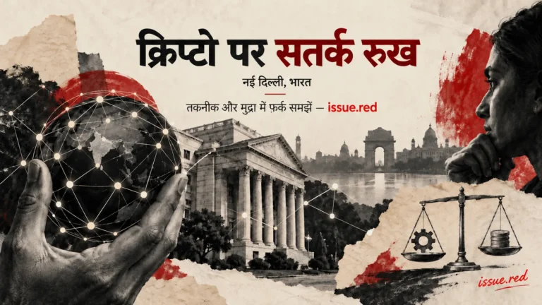 डिजिटल बही-खाते और बैंक के प्रतीकों का संपादकीय कोलाज