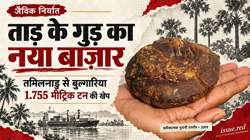 पुराने ताड़ गुड़ की तस्वीर और रेखाचित्रों वाला संपादकीय कोलाज; तस्वीर वर्तमान पाउडर निर्यात खेप की नहीं है।