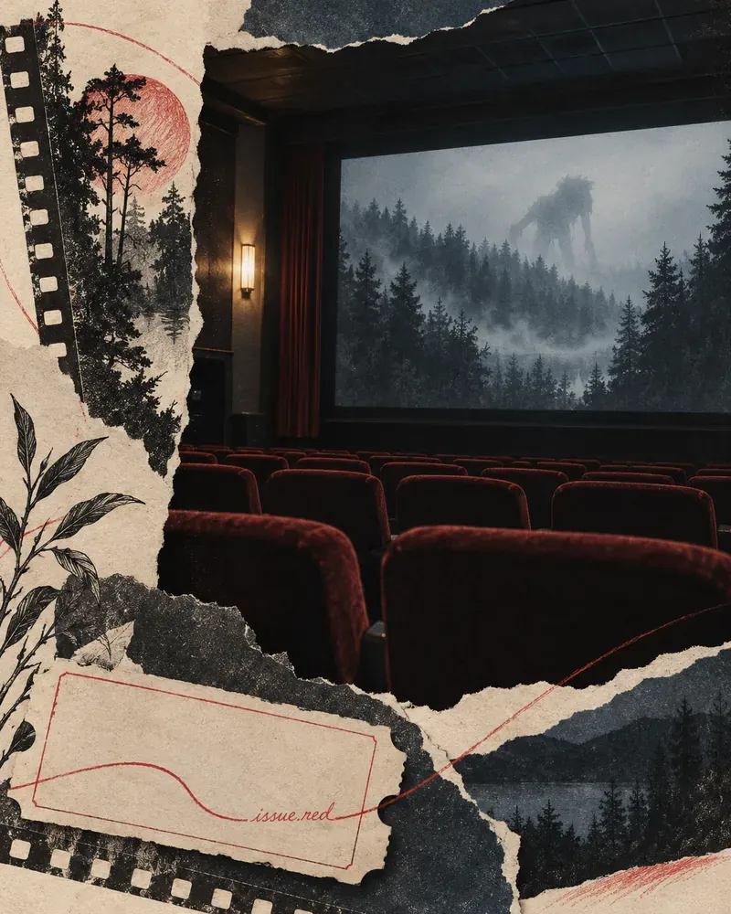 Collage editorial de papel crema con una sala de cine vacía y una pantalla que muestra un bosque brumoso con una silueta indistinta; no es un fotograma real de la película.