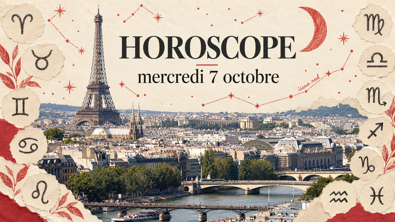 Collage éditorial sur papier crème : vue photographique authentique de Paris et de la tour Eiffel, lune, constellations rouges et signes du zodiaque dessinés.
