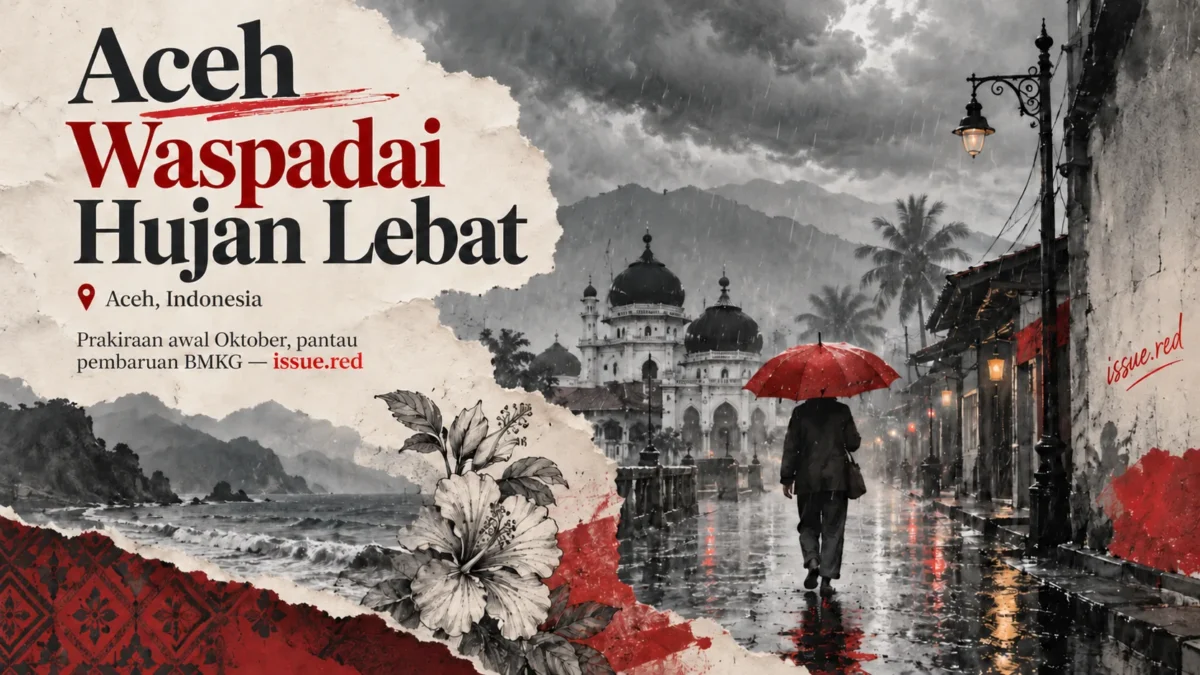 Kolase editorial awan hujan dan orang berpayung di Aceh dengan judul peringatan hujan