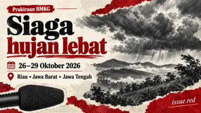 Kolase editorial simbolis awan hujan dan mikrofon arsip untuk prakiraan BMKG 26–29 Oktober 2026