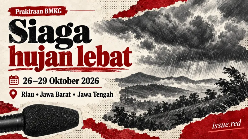 Kolase editorial simbolis awan hujan dan mikrofon arsip untuk prakiraan BMKG 26–29 Oktober 2026