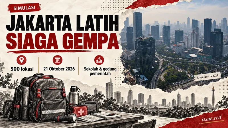 Kolase foto arsip Jakarta 2024 dengan gambar tas darurat dan meja untuk berita simulasi gempa di 500 lokasi pada 21 Oktober 2026