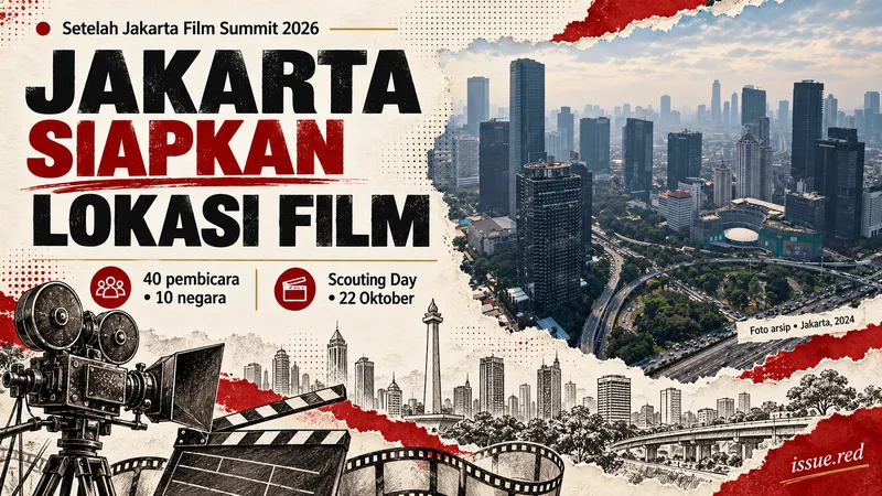 Kolase editorial foto arsip Jakarta dari Semanggi dengan gambar kamera film dan papan pengambilan gambar