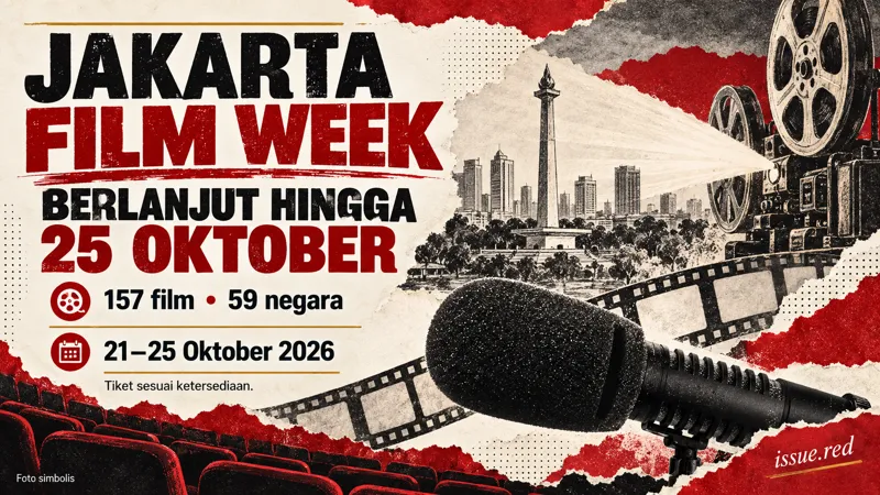 Kolase mikrofon arsip dan gambar proyektor untuk berita Jakarta Film Week, bukan foto acara