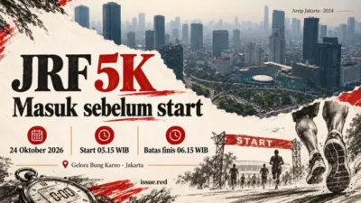 Kolase foto arsip Jakarta dan gambar sepatu lari serta stopwatch, dengan jadwal 5K pada 24 Oktober pukul 05.15 WIB.