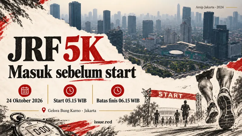 Kolase foto arsip Jakarta dan gambar sepatu lari serta stopwatch, dengan jadwal 5K pada 24 Oktober pukul 05.15 WIB.