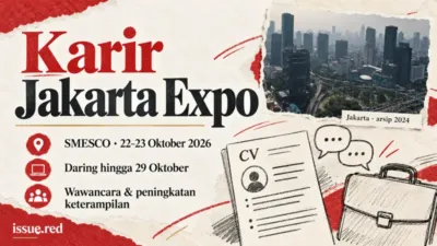 Kolase foto arsip Jakarta dengan gambar ilustratif berkas lamaran dan percakapan kerja.
