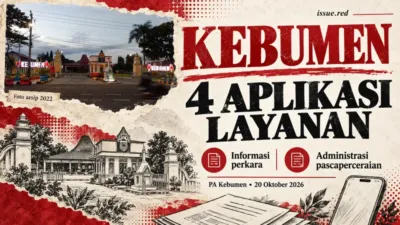 Kolase editorial dengan foto arsip Pendopo Kebumian dan gambar ilustratif dokumen serta ponsel