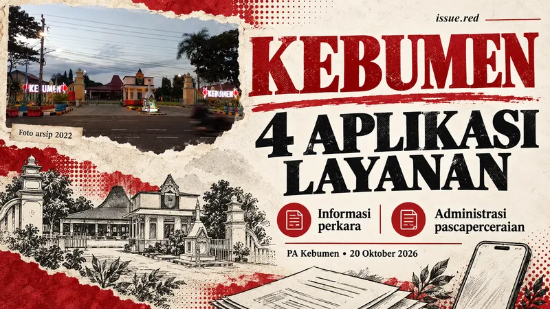 Kolase editorial dengan foto arsip Pendopo Kebumian dan gambar ilustratif dokumen serta ponsel