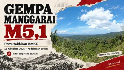 Kolase editorial gempa Manggarai M5,1,18 Oktober 2026, dengan foto lanskap Flores arsip 2016.