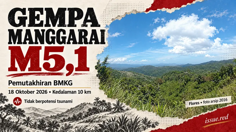 Kolase editorial gempa Manggarai M5,1,18 Oktober 2026, dengan foto lanskap Flores arsip 2016.