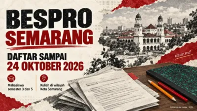 Kolase editorial batas pendaftaran Bespro Semarang dengan foto arsip buku catatan dan pensil.