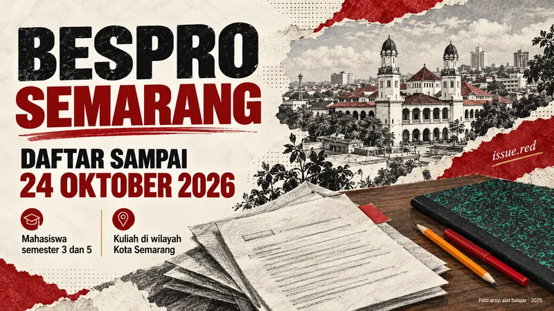 Kolase editorial batas pendaftaran Bespro Semarang dengan foto arsip buku catatan dan pensil.