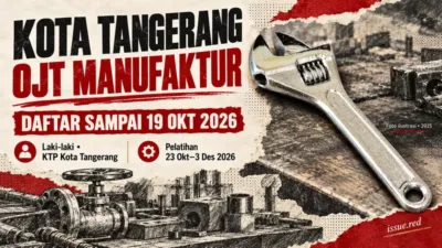 Kolase editorial OJT Kota Tangerang dengan foto kunci inggris arsip dan gambar arang bengkel ilustratif.