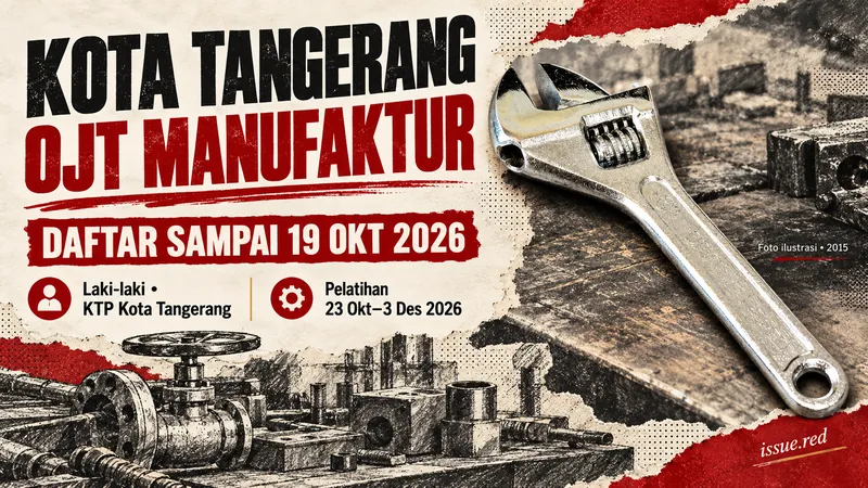 Kolase editorial OJT Kota Tangerang dengan foto kunci inggris arsip dan gambar arang bengkel ilustratif.