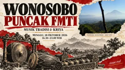 Puncak FMTI Wonosobo, 18 Oktober 2026 pukul 16.30–23.00 WIB; panorama arsip2015 sebagai konteks daerah dan gambar alat musik.