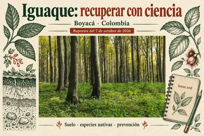 Collage sobre papel crema con una fotografía ilustrativa de bosque y dibujos de raíces, hojas y cuaderno; reportes del 7 de octubre de 2026