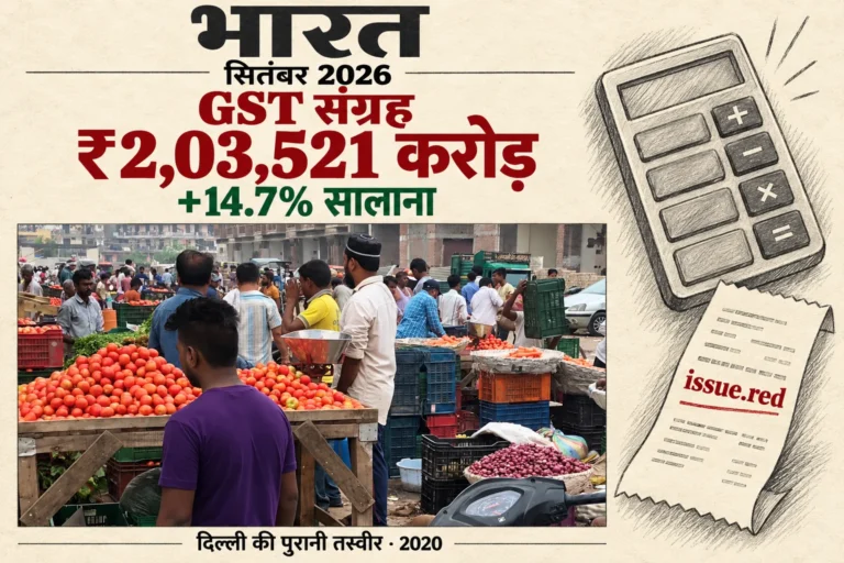 क्रीम कागज का कोलाज, दिल्ली के बाजार की पुरानी तस्वीर और सितंबर 2026 का GST संग्रह ₹2,03,521 करोड़