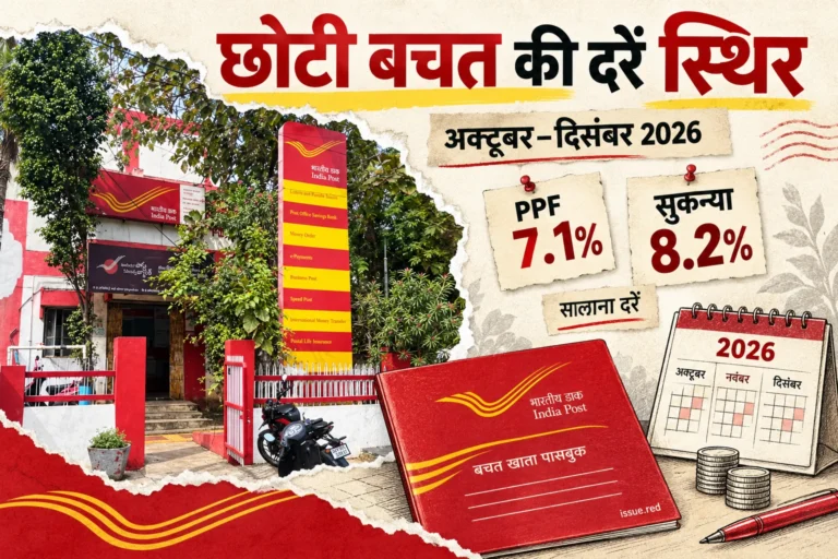 क्रीम कागज के कोलाज में विजयवाड़ा के डाकघर की पुरानी फोटो और बचत पासबुक व कैलेंडर के रेखाचित्र
